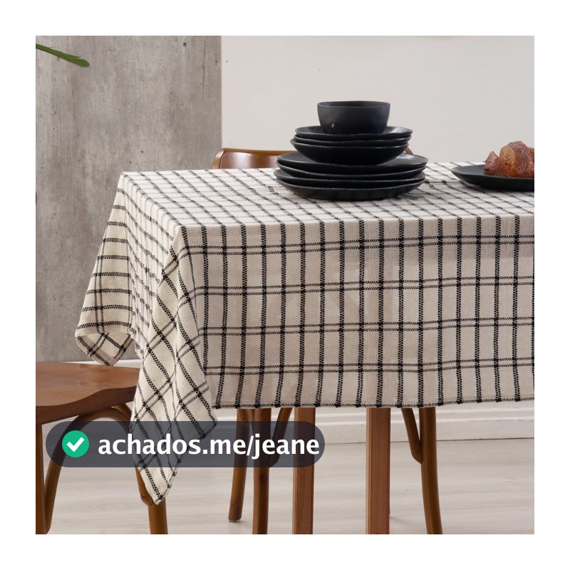 Toalha de Mesa Italiana Off White/Preto 100% Algodão Retangulos