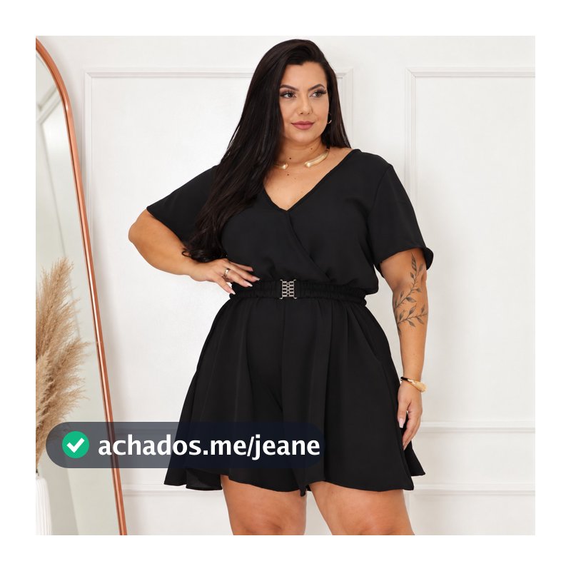 Macaquinho Feminino Plus Size Soltinho Manga Curta em Crepe com Cinto