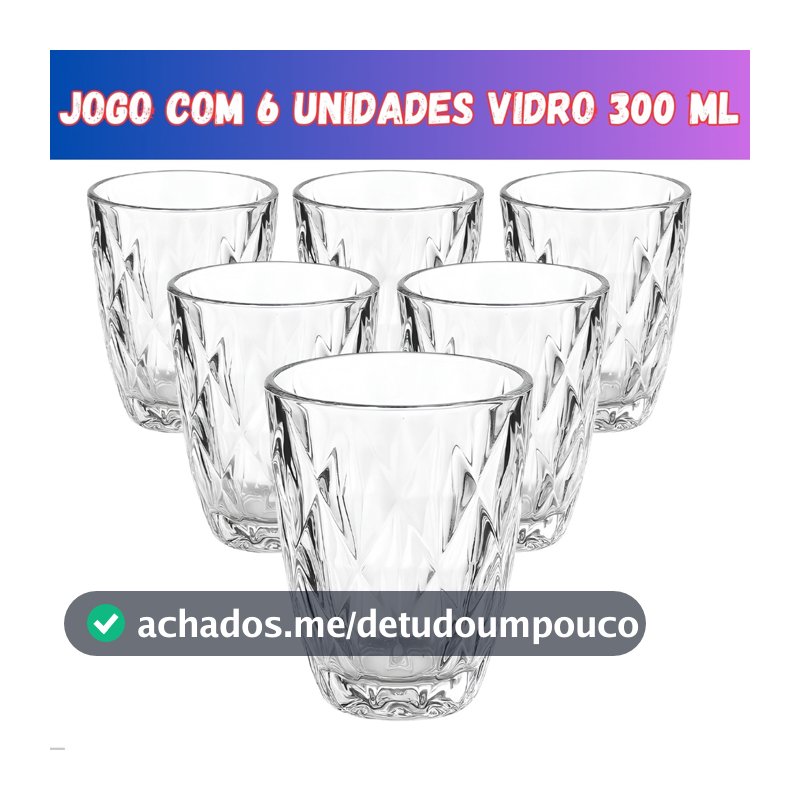 Jogo 6 Copos Baixos Diamond 300ml Vidro Grosso Diamante Luxo