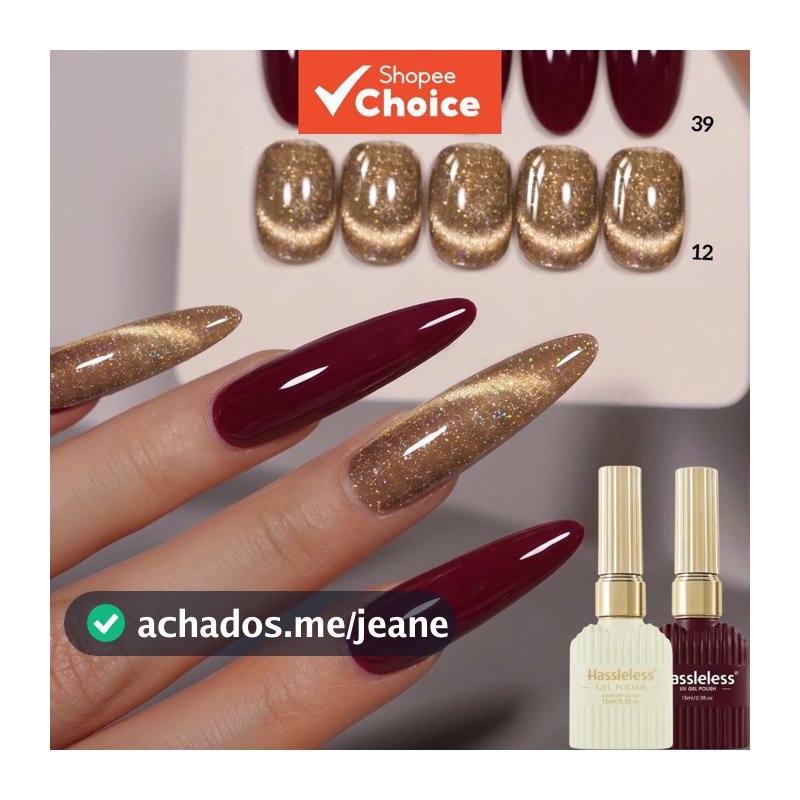 Hassleless 2 peças esmalte vermelho vinho sólido + olho de gato dourado âmbar, base sólida intensa com efeito glitter