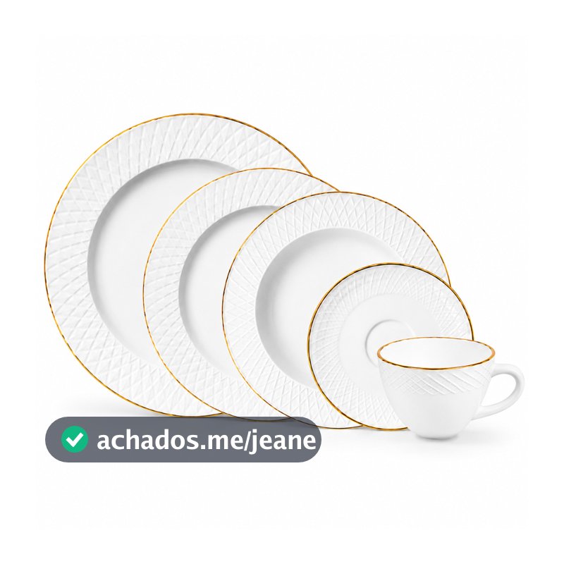 Aparelho de Jantar 20 Peças Jogo de Pratos e Xícaras Opaline Borda Dourada Hauskraft