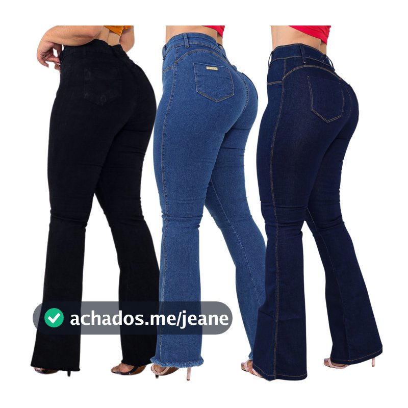 Kit 03 Calças Flare Feminina Jeans Escura Modelagem Empina Bumbum Lycra Cos Alto Boca de Sino