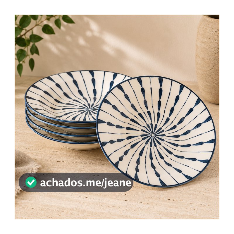 Jogo 6 Pratos Fundos Aurora Azul 22,5 cm em Cerâmica estampado