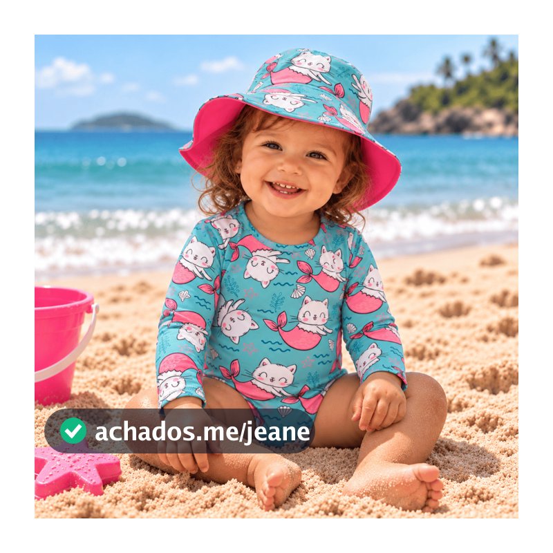 Maiô Infantil Bebê Menina UV50+ Manga Longa com Chapéu Proteção Solar Praia Piscina Toque Gelado Tecido Respirável Verão