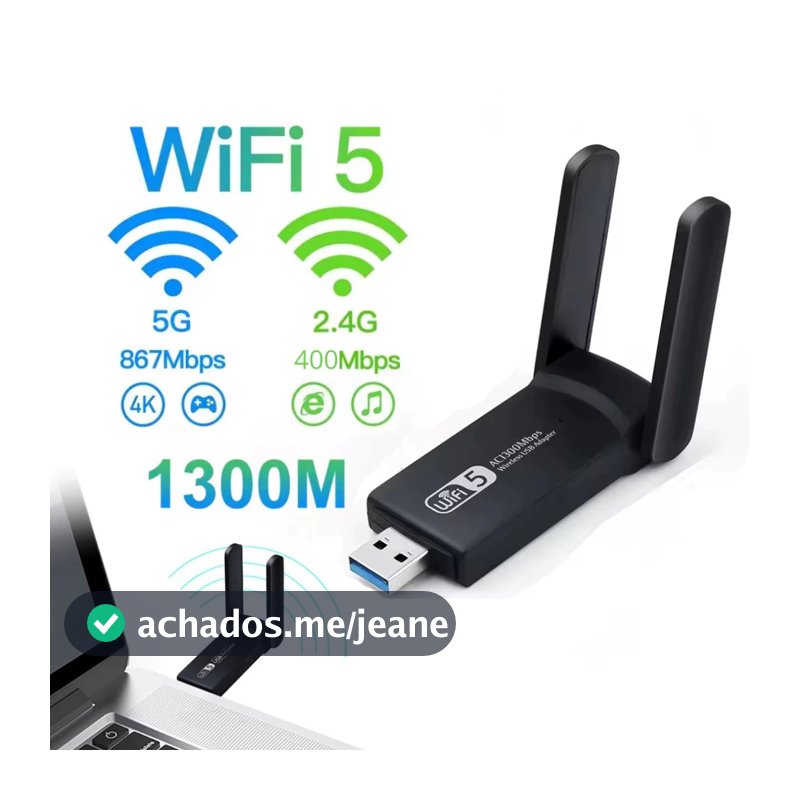 Adaptador Wi-fi Dual Band 2-4G e 5G USB 3.0 5Ghz 1300Mbps 2 Antenas