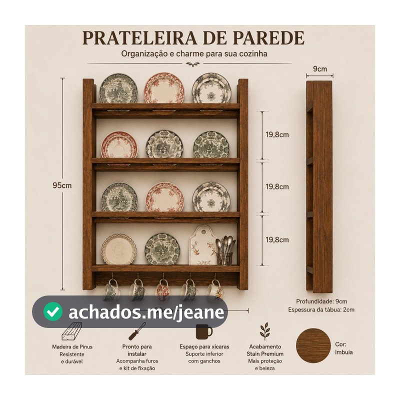 Prateleira Porta Pratos Madeira Pinus 95x60cm Porta Xícaras Stain Imbuia Cozinha