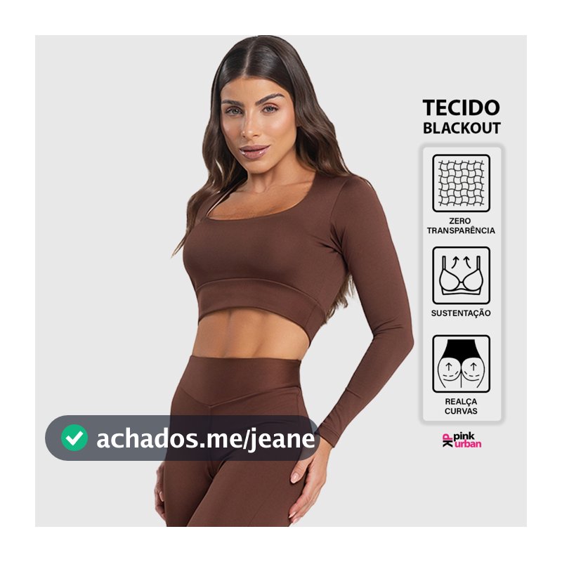 Cropped Fitness Feminino Manga Longa Decote Sustentação Balance Blackout Zero Transparência Regata Inverno