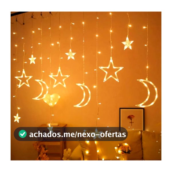 Estrelas e Luas Cascata Pisca Cortina Luz RGB Amarela Decoração Natal Cortina Led Sacada 8 Funções