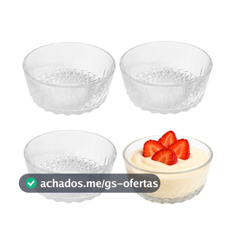 Jogo 4 Bowl de Vidro Pote para Sobremesa Clear Diamantino 260ml Em Casa Tem