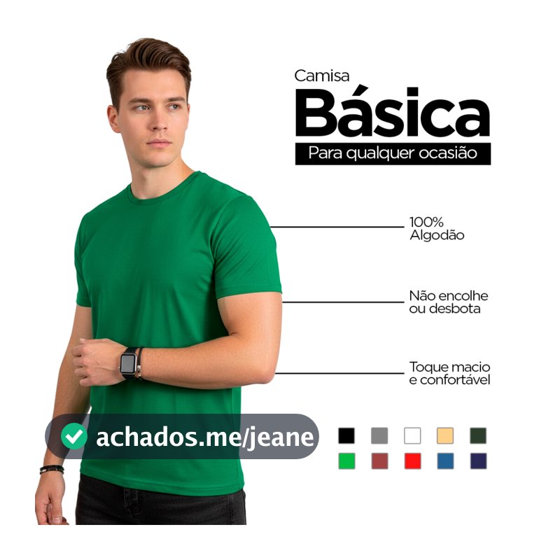Camiseta Verde Básica Masculina Lisa 100% Algodão Reforço Ombro a Ombro - Camiseta Masculina Casual Unitário