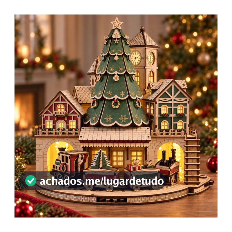 VILA DE NATAL COM ENGRENAGEM QUE RODA O TREM CENÁRIO VILA NATALINA COM PAPAI NOEL E ÁRVORE DE NATAL EM MDF 3mm 1ºLINHA