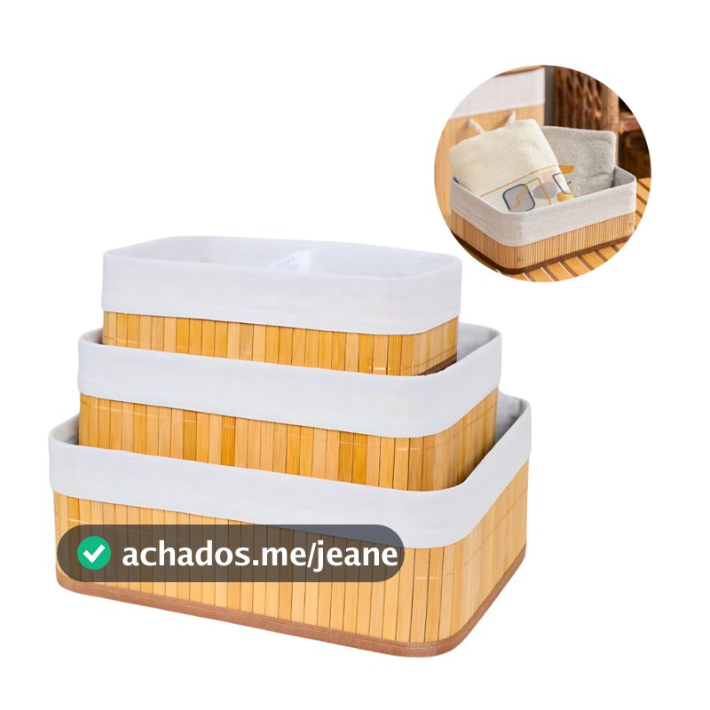 Kit 3 Cestos Organizador De Bambu Multiuso Com Forro