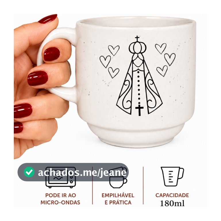 Xícara Empilhável Nossa Senhora Aparecida 180ml Cerâmica Café Personalizada Pode Ir ao Micro-ondas
