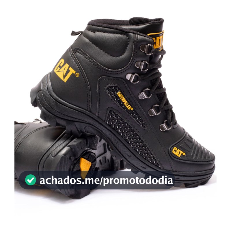 Bota CAT Coturno Preto Palmilha Gel Ortopédica Couro Masculino Promoção Envio Rápido