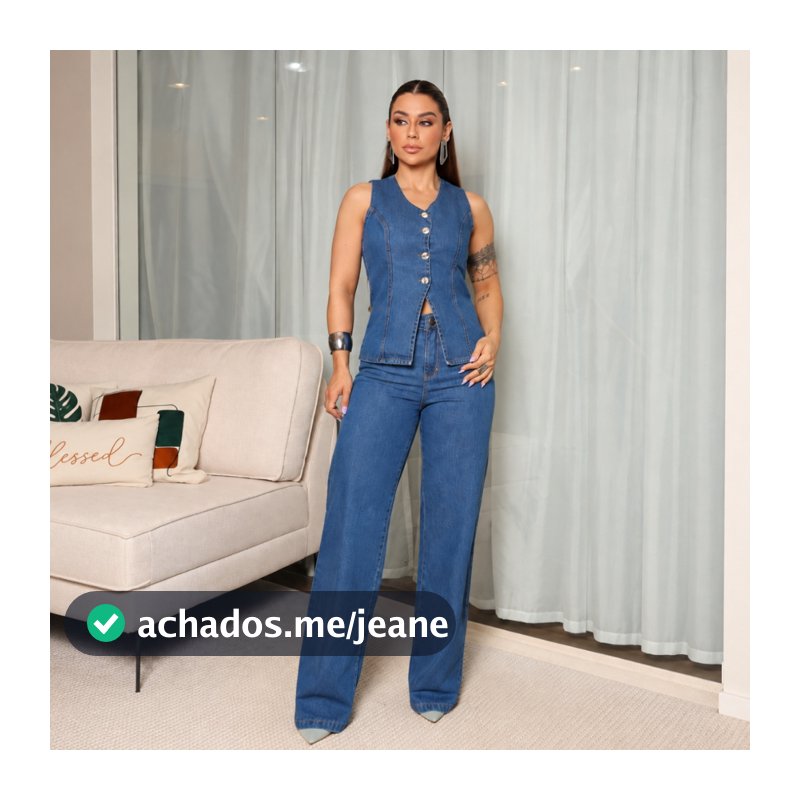 Conjunto Jeans Calça Wide Leg Colete Decote em V Fechamento Botões Feminino Elegante e Sofisticado