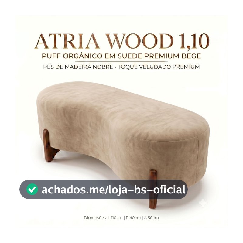 Puff Atria Wood 1,10m em Suede Bege Premium • Design Orgânico Contemporâneo • Sofisticação e Conforto para Ambientes Ele