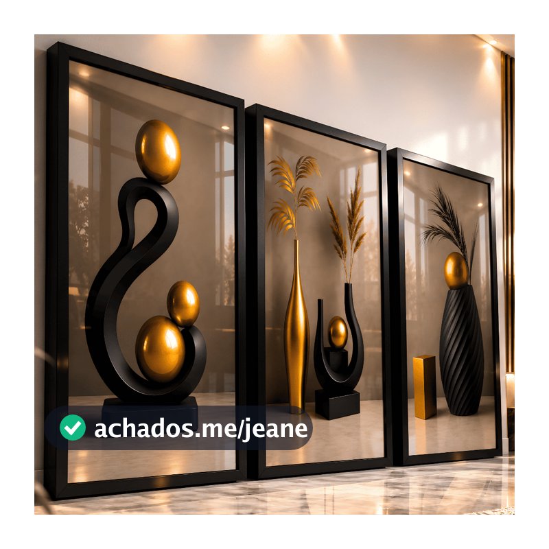 Quadros Decorativos Trio Abstrato Geométrico Moderno Escultura Dourada Luxo Sala