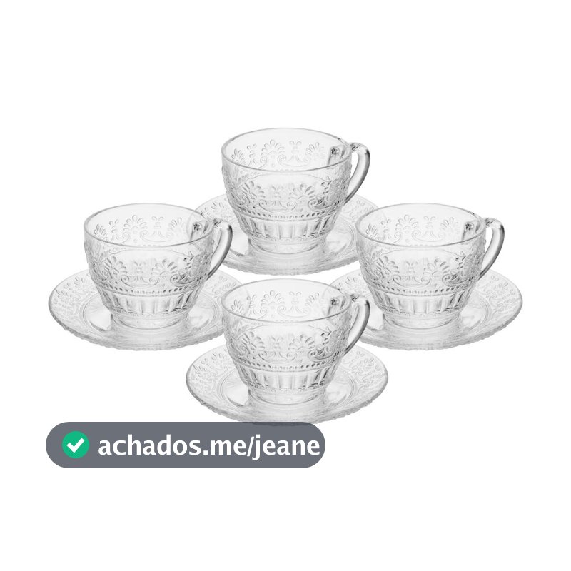 Jogo 4 Xícaras de Chá com Pires Wolff Mauve 220ml Cristal Elegante para Servir Chás e Cafés na Mesa Posta Muito Elegante