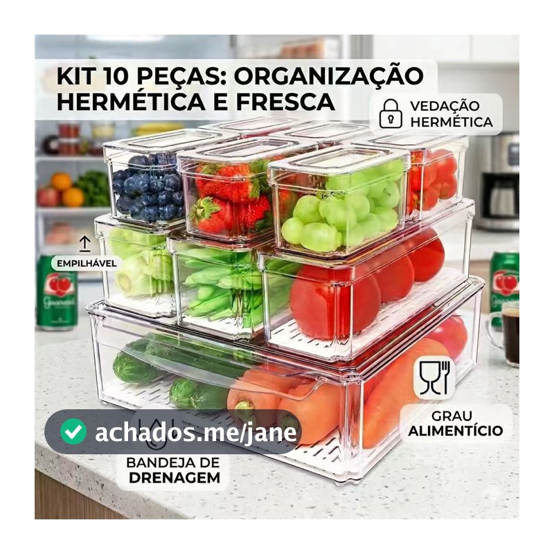 Marmita com divisórias Organizador de geladeira com cestos removíveis 10 C/ Escorredor livre de BPA