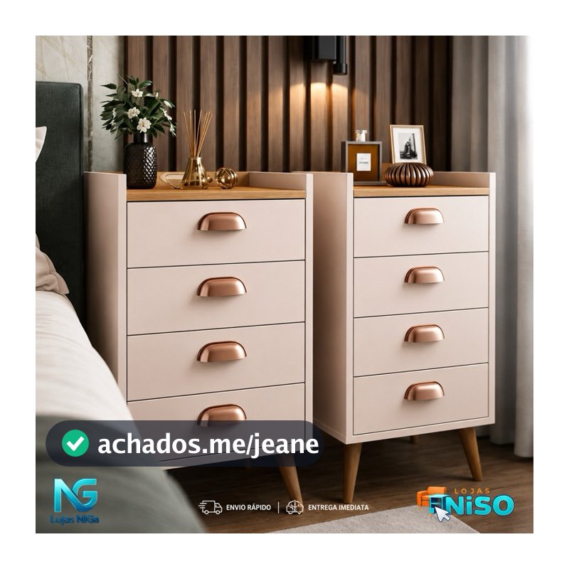Mesa Cabeceira Mini Cômoda Luxo Concha Monet 04 Gavetas Heloisa 03 gavetas Pés Palito Quarto Organizador - Porta Celular