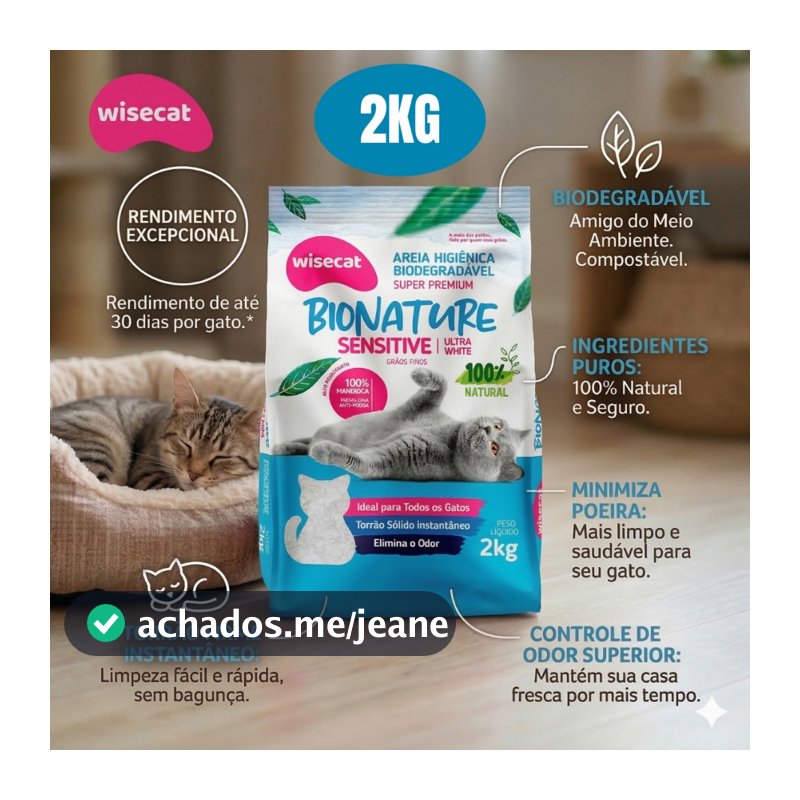 Areia Biodegradável Bionature Wisecat 2kg - Super Premium Sensitive Grãos Finos