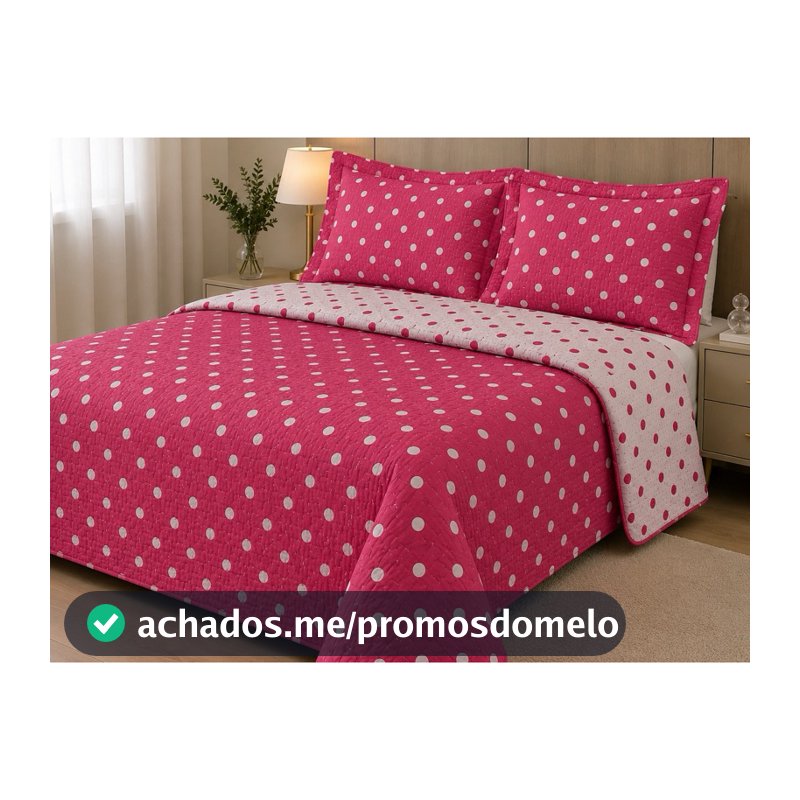 Colcha Cobre Leito 3 peças Poá Queen Dupla Face com Porta Travesseiro