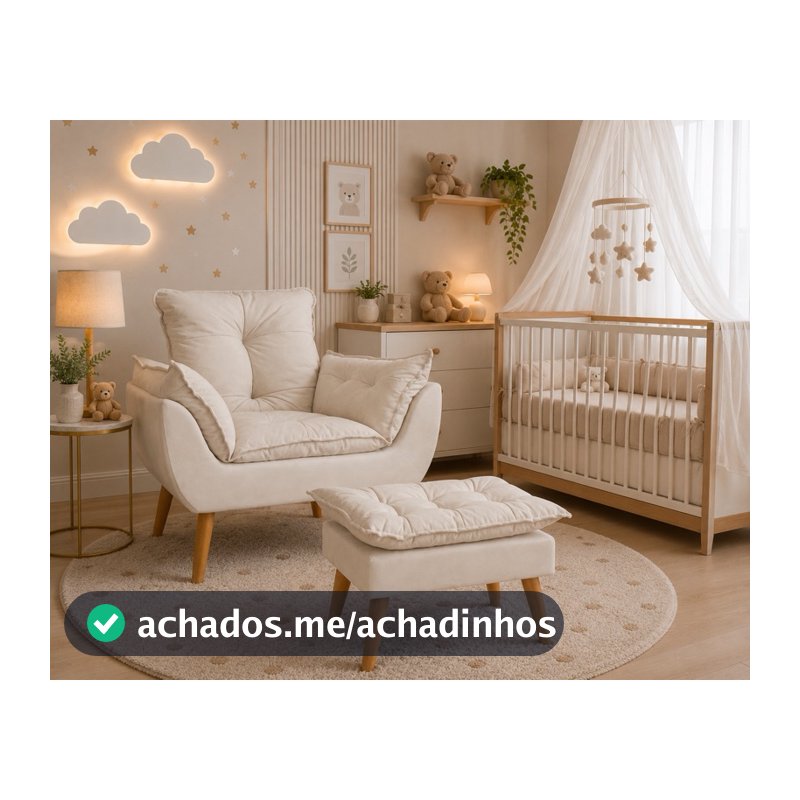 Kit poltrona mais puff amamentação opala pés palito suede bege