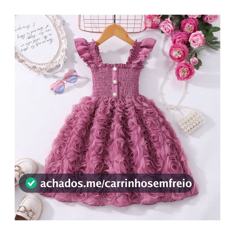 Vestido Infantil Feminino com Rosas 3D, modelo em alta, saia rodada e detalhe floral luxuoso p/ aniversário ou casamento