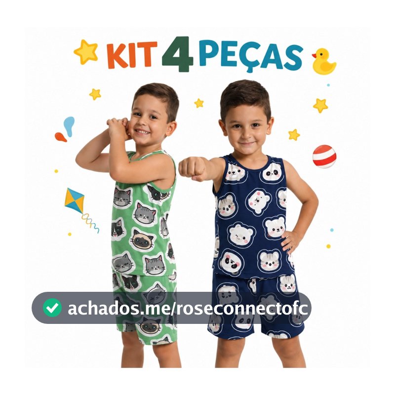 Kit 4 Peças Pijama Infantil Masculino Estampado Regata Short e Blusa 2 a 10 Anos