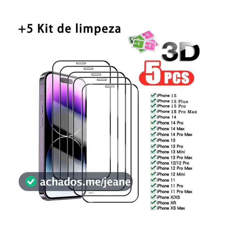 Kit 5 Película 3d para iPhone Modelo Completo Película iphone x 11 12 13 14 15 16promax