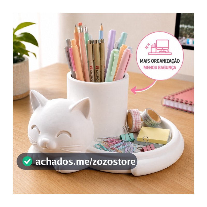 Organizador Gato Sorridente Porta Canetas Mesa Escritório Estudo Decoração Fofinha