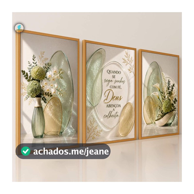 Quadros Decorativos Trio Vasos de Flores Verde Deus Sonhos Fé Bíblico Sala Quarto