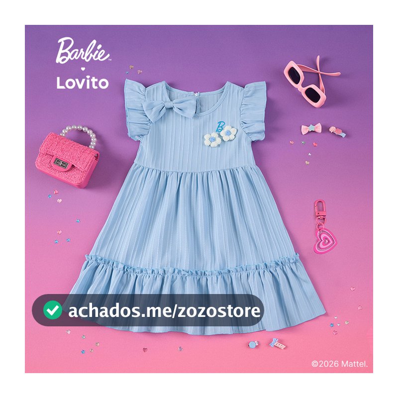 Barbie™ X Lovito Kids Vestido Azul Menina Flare até Joelho Babado Bordado e Aplique de Laço LBL5AD033