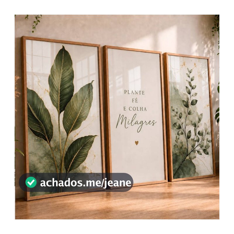 Quadros Decorativos Kit 3 Botânicos Folhagens Verdes Fé Milagres Para Sala Quarto Hall