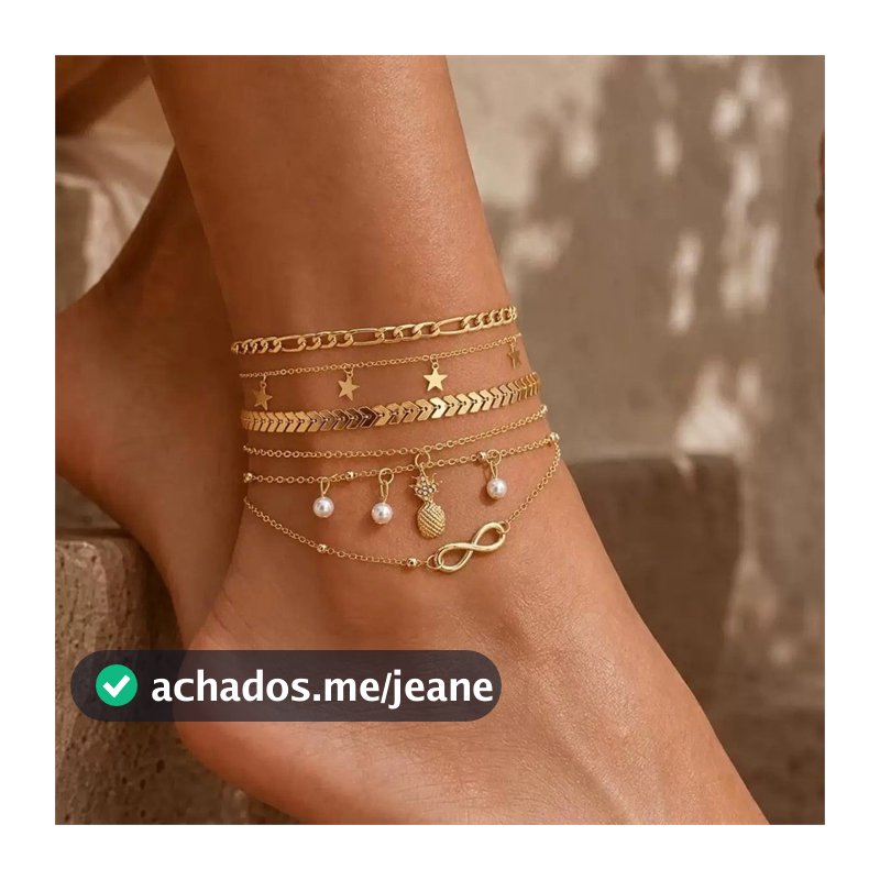 Kit 5 Tornozeleiras Femininas Douradas Boho Praia Estrela Concha Pérola Empilháveis