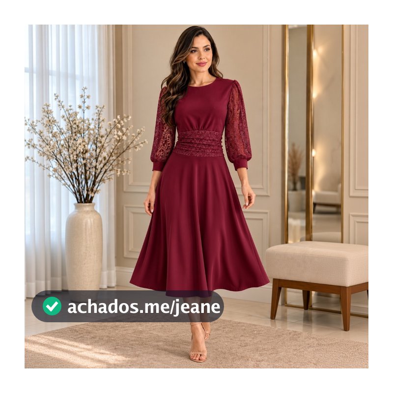 VESTIDO FEMININO CASUAL MALHA CREPE E RENDA MANGA PRINCESA MODA EVANGELICA SOCIAL MODESTA ELEGANTE