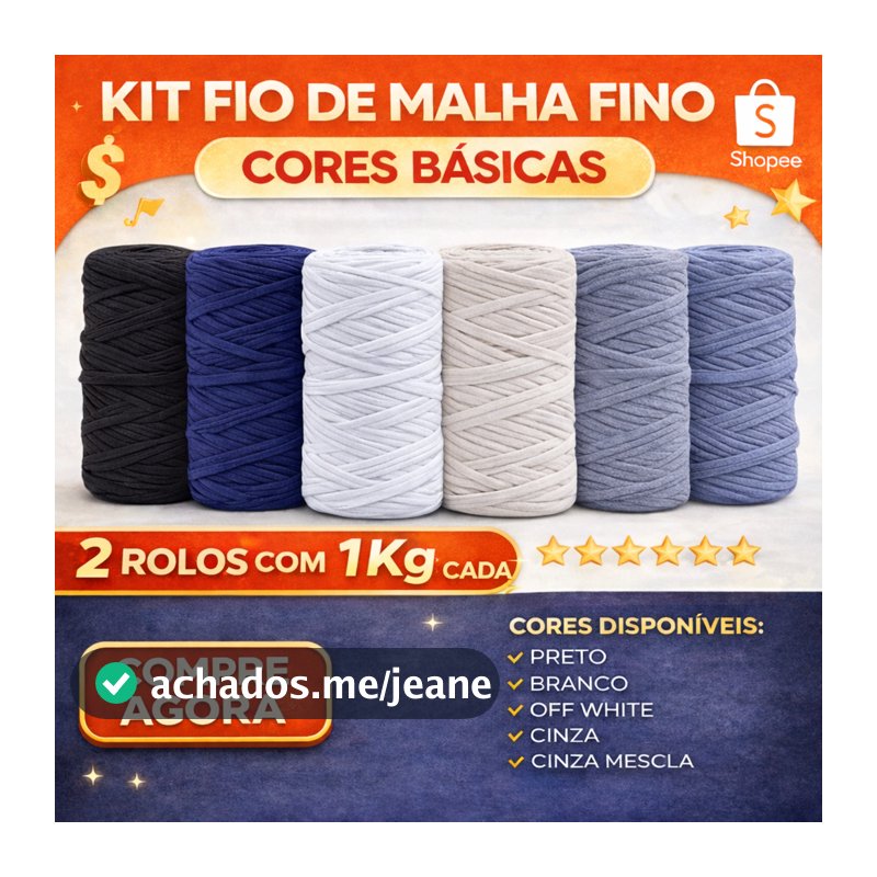 Kit 2Kg Fio de Malha Fino/Furadinho Residual - Preto, Branco, Marinho, Cinza, Bordô, Off White - Fio Macio Crochê Bolsa
