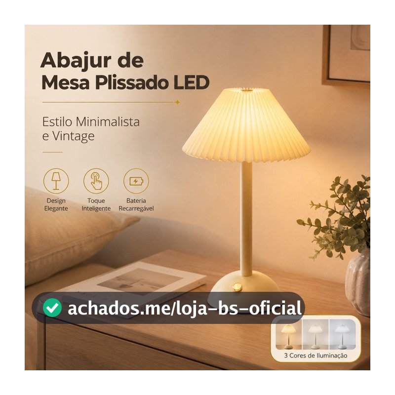 Abajur de Mesa Plissado LED 3 Cores Minimalista Creme