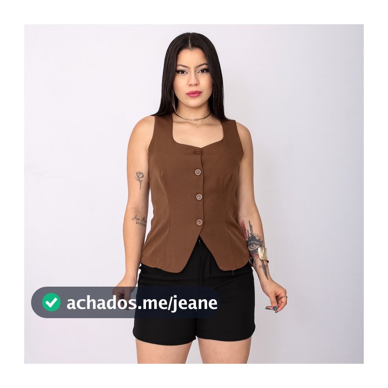 Colete Feminino Alfaiataria Alça Larga Gola Quadrada detalhe aberto na frente