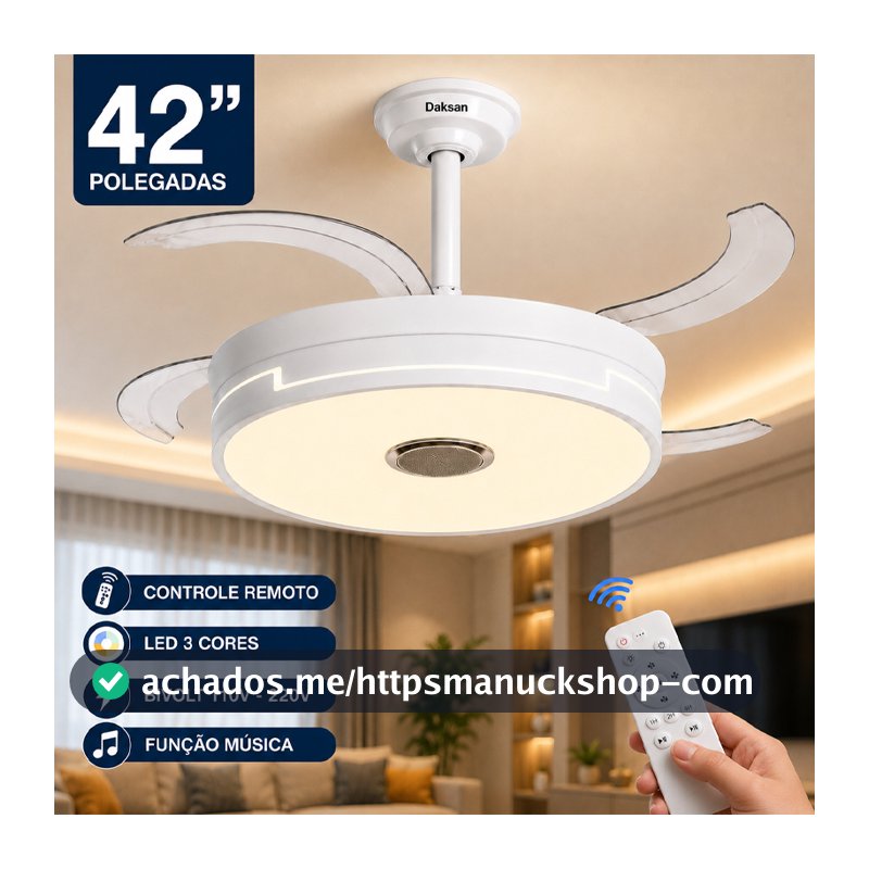 Ventilador de Teto Retrátil LED 108CM Branco com Controle Remoto 3 Cores Função Música 110V/220V