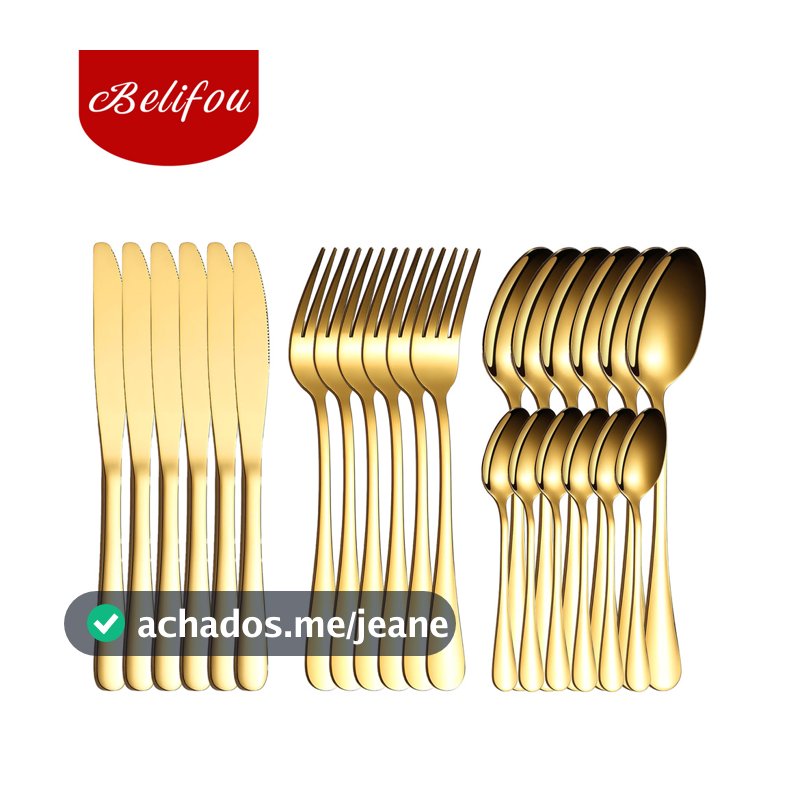 Belifou Kit 24 Jogo De Talheres Para Bife Aço Inoxidável Dourados Com Colher Pequena