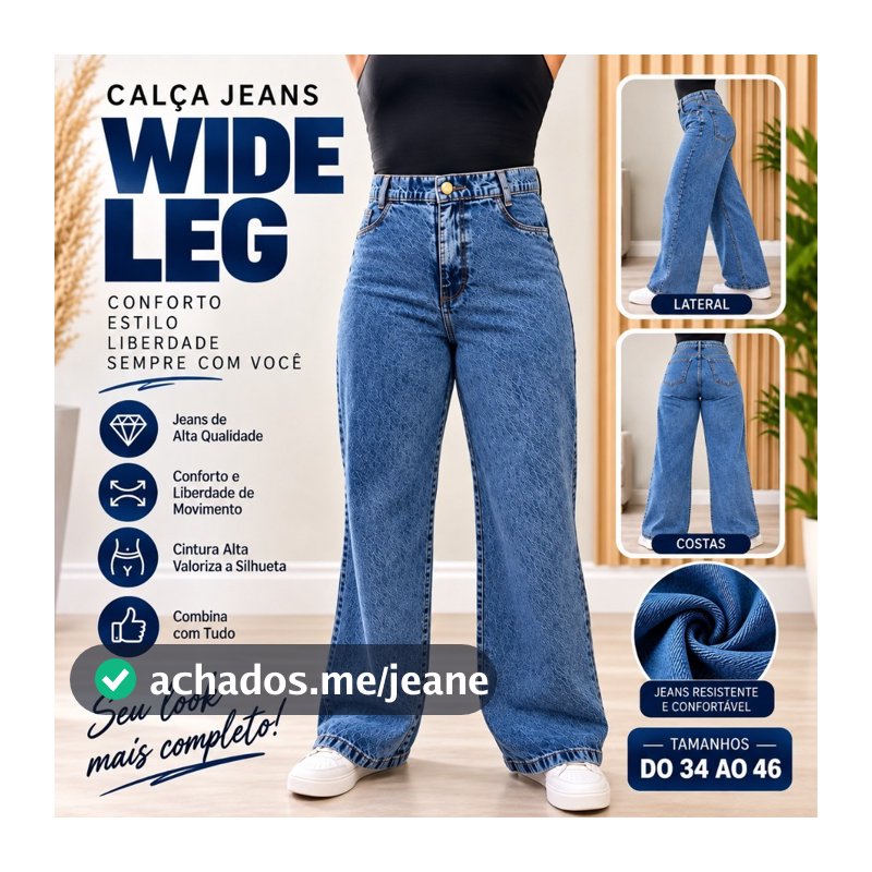 Calça Wide Leg Jeans Feminina Sem Elastano Tamanho 34 ao 46