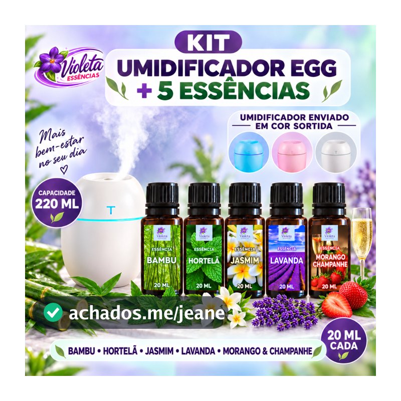 Kit Umidificador de Ar EGG 220ml + 3, 4 ou 5 Essências Hidrossolúveis 20ml – Cor Sortida