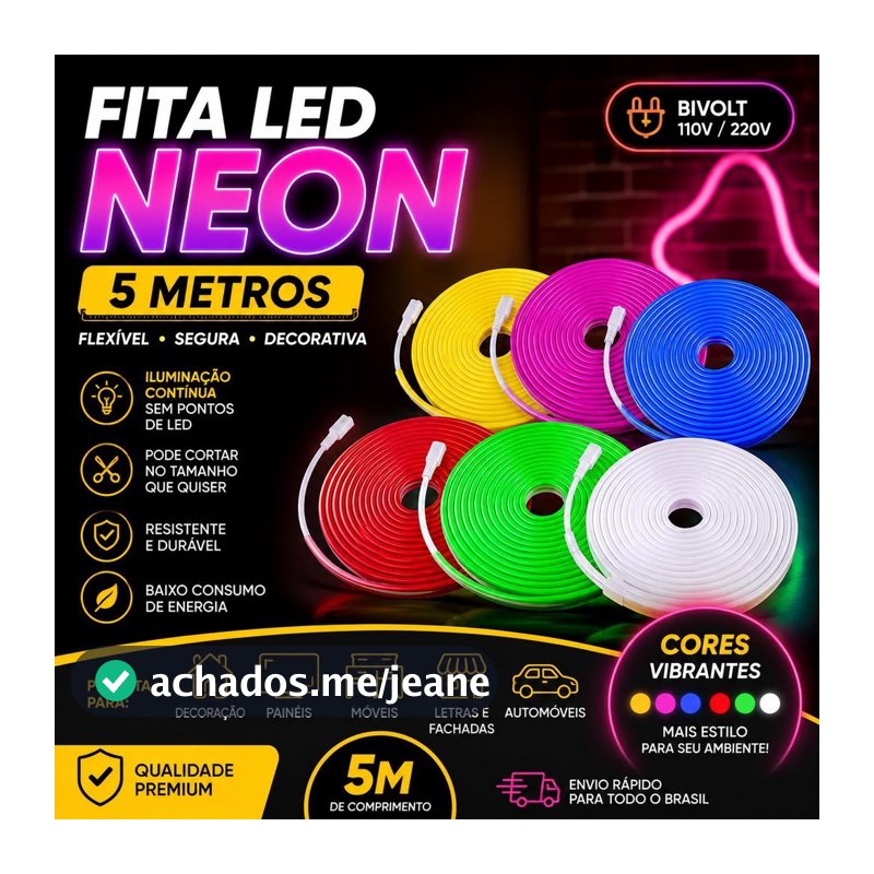 Fita Neon LED Mangueira 5M  Flexível Decoração Quarto Sala Gamer Painel TV Teto Luz Neon Colorida fita