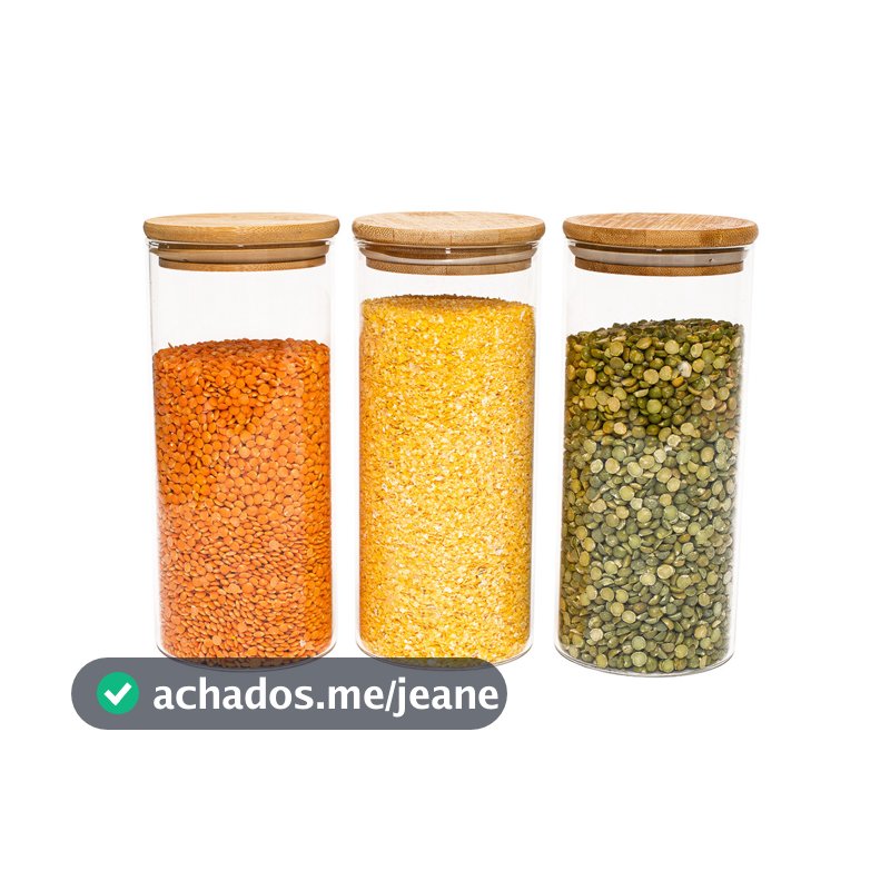 Potes de Vidro P/ Mantimentos 800ml C/ Tampa Bambu - 3 Pçs Oikos