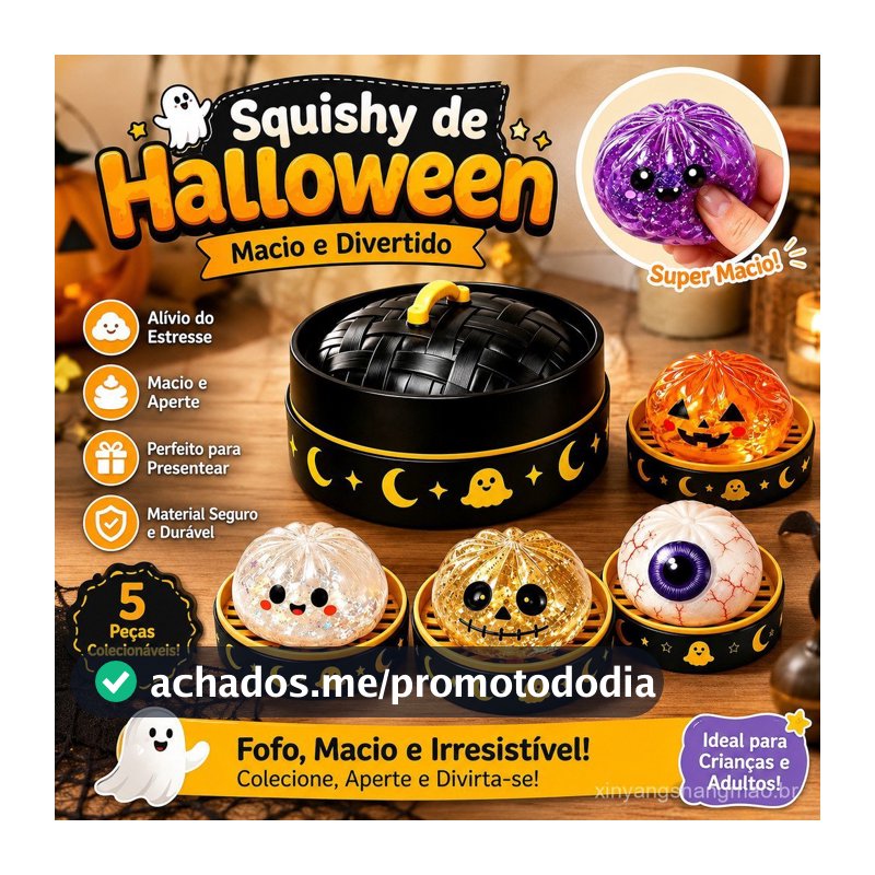 Squishy Halloween Caixa Surpresa Fantasma e Abóbora, Brinquedo Antiestresse Fidget, Presente Criativo
