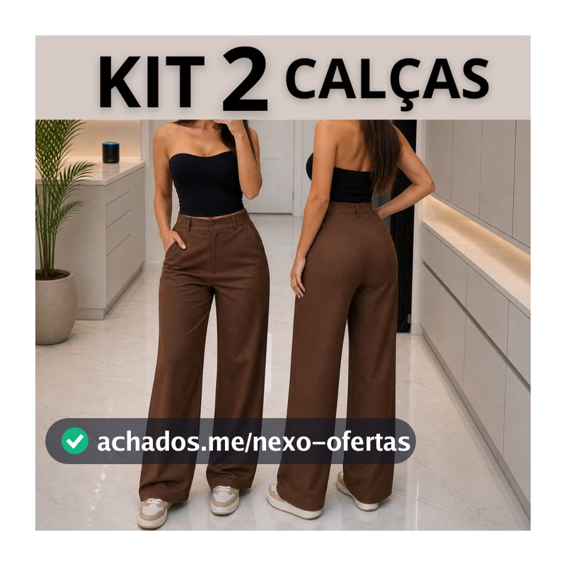Kit 2 Calças Pantalona Alfaiataria Feminina Cintura Alta Bolso Lateral Botão Frontal Wide Leg