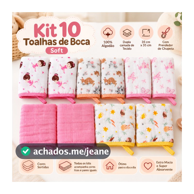 Kit 10 Toalhas Paninho Pano de Boca Bebe Soft 100% Algodão Menino Menina Sortido Enxoval