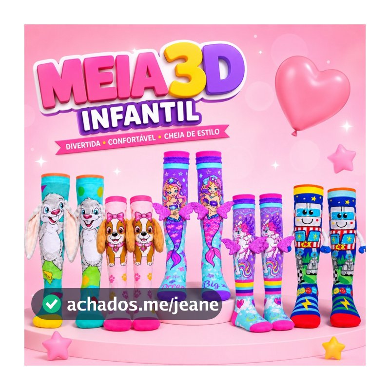 Meia Infantil 3D Divertida Cano Médio Personagem Kawai Cabelo Maluco Dia das Crianças Presente