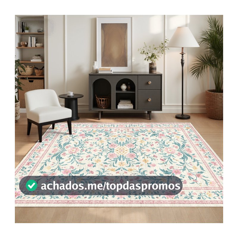 Tapete Sala Quarto 2,00x2,50 Floral Grande Antiderrapante Lavável Macio Aveludado Decorativo Abelle Casa